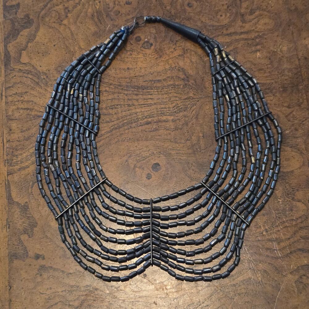 Vintage Multi Strand Silver Metal Bead Bib Necklace Boho Statement Collar 16.5"